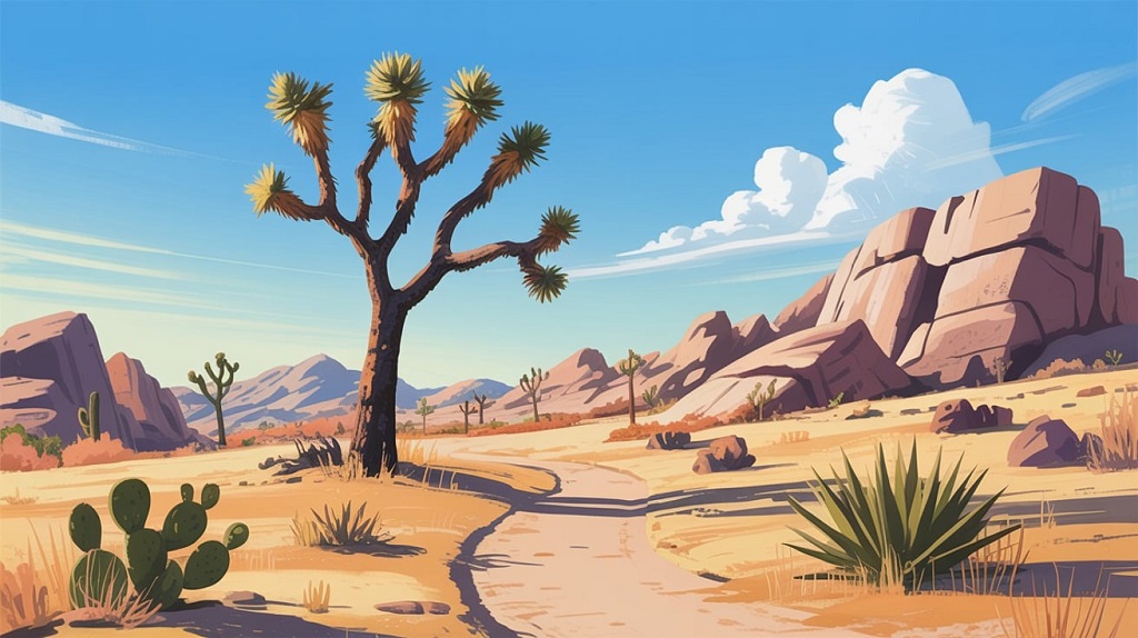 Hikers walking along a sandy trail surrounded by iconic Joshua trees and dramatic desert mountains, capturing the essence of adventure in Joshua Tree National Park.