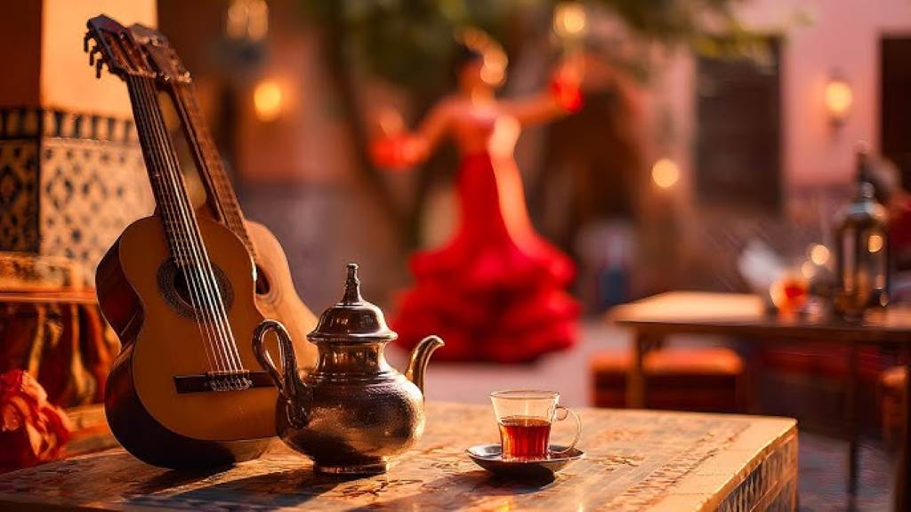 Skilled flamenco guitarist strumming strings under warm lights at traditional Seville tablao.