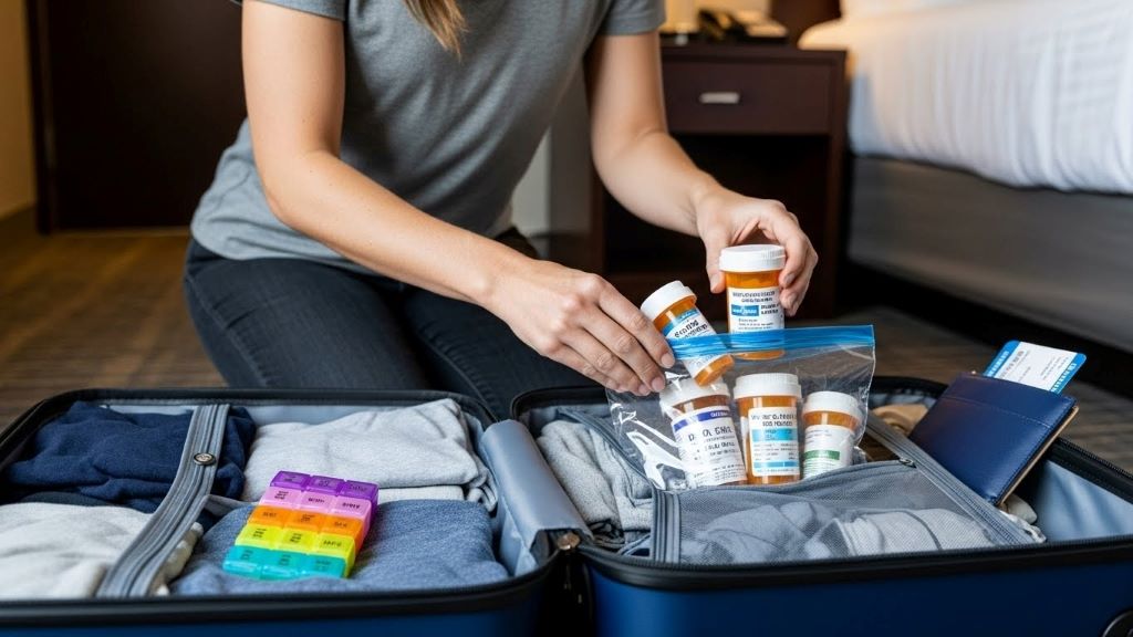 Traveler organizing prescription medication bottles with labels in carry-on luggage before flight