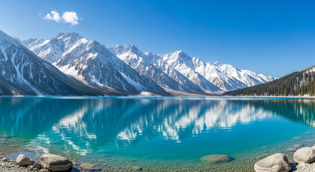 Turquoise alpine lake Issyk-Kul surrounded by snow-capped Tian Shan mountains in Kyrgyzstan under blue sky