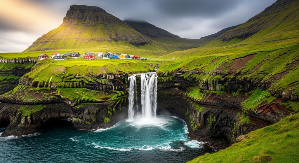 Dramatic view of Mulafossur Waterfall cascading into ocean beside colorful village in Faroe Islands with green cliffs