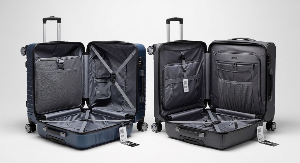 Budget travel luggage comparison showing hard-shell and soft-sided suitcases with quality features at low cost