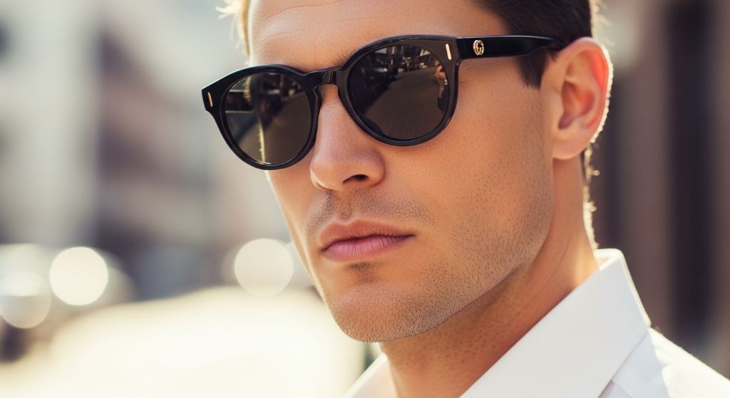 Gucci round sunglasses on a man with a square jawline