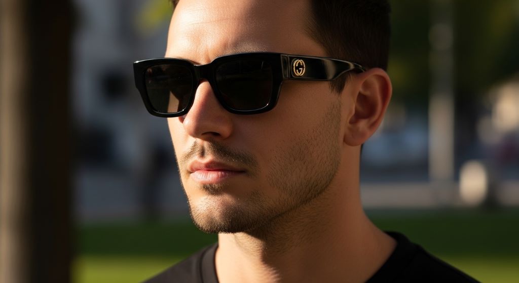 Man with oval face wearing Gucci rectangular sunglasses outdoors