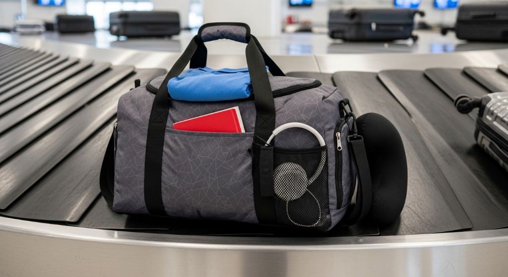 Lightweight compact duffel bag packed with travel essentials sitting on airport luggage carousel