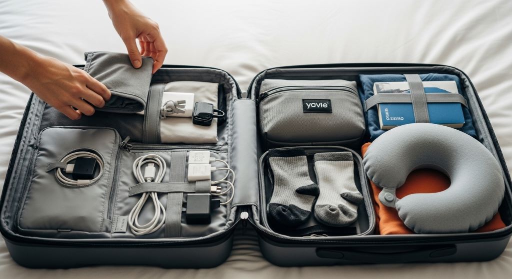 A traveler packing a carry-on suitcase with organized travel essentials including a tech pouch, compression socks, and a travel pillow