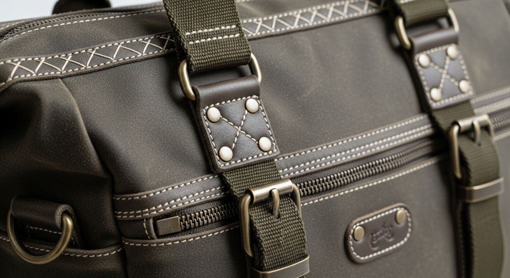Close-up of reinforced stitching and metal hardware on a durable travel tote