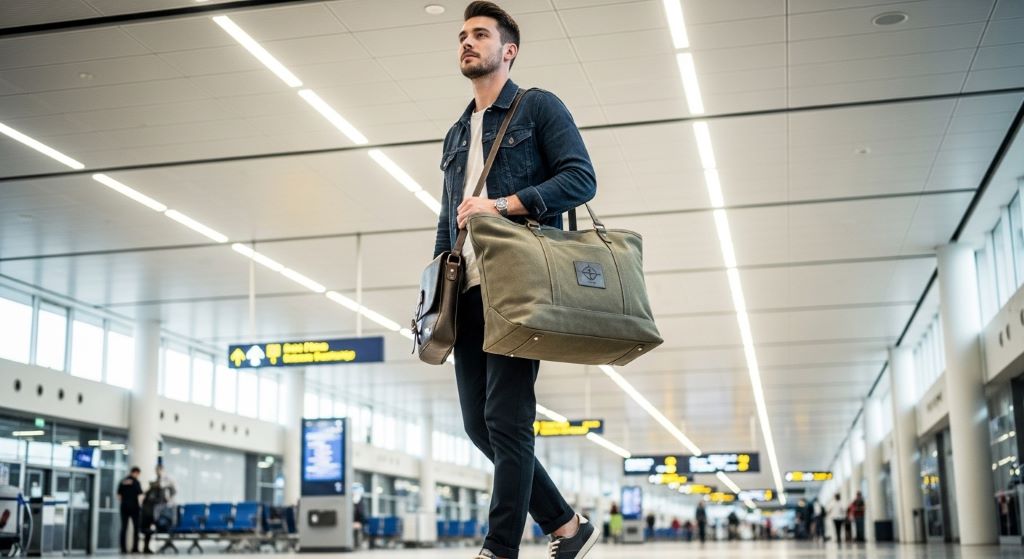 Traveler carrying a structured canvas tote bag through an airport terminal