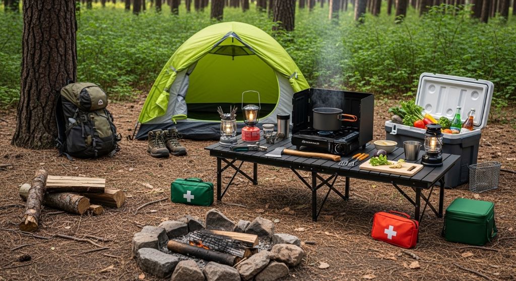Outdoor camping setup with portable tools and cooking equipment