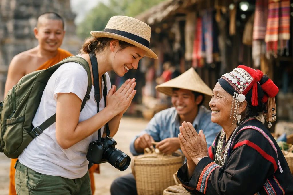 Traveler interacting with local community members in a cultural village setting