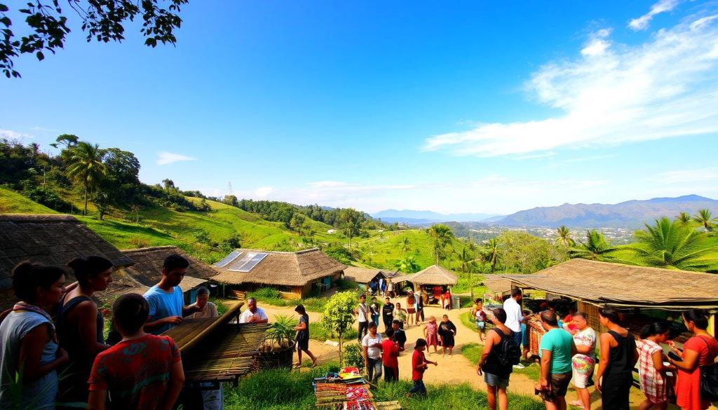 Group of tourists joining a local festival and experiencing traditional culture